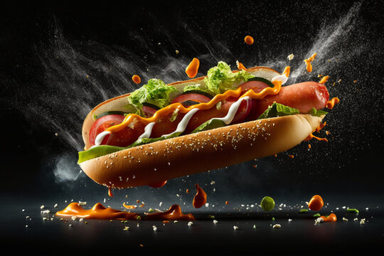 Hot dog with flying ingredients on black background. Fast food concept. created with generative AI