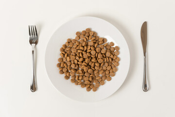 Dry animal food in a white ceramic plate served with knife and fork on a beige neutral studio background. Cat or dog food. Creative funny image for ad of pet products. Top view, flat lay, copy space