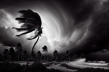 tropical cyclone, with clouds swirling and wind howling, threatening land, created with generative ai