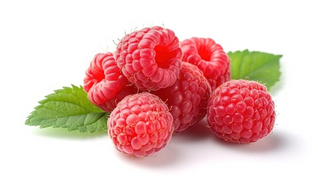 ripe raspberries isolated on white background close up. Generative AI