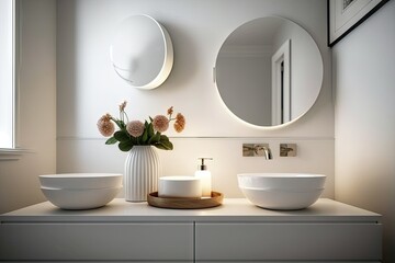 Naklejka na ściany i meble a sleek, modern bathroom with a round white wash basin and minimalist finishes, created with generative ai