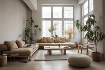 clutter-free living room with minimalist decor and lots of natural light, created with generative ai