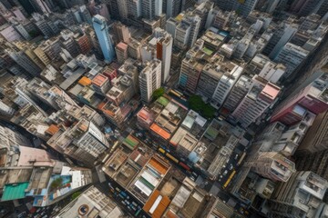 aerial view of busy city with drone, showing hustle and bustle of the metropolis, created with generative ai