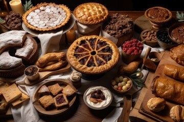 Obraz na płótnie Canvas an array of pastries, pies, and other baked goods for the holidays, created with generative ai