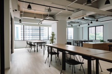 co-working space with modern and sleek design, featuring open layout and collaborative atmosphere, created with generative ai