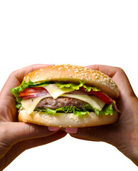 Female hand with tasty burger on transparent background, ready for designers