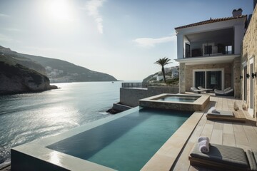 Fototapeta na wymiar luxury vacation home, with infinity pool and private beach, in the mediterranean, created with generative ai