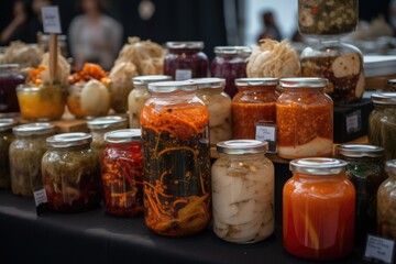 Fototapeta na wymiar fermented food market, showcasing a variety of different fermented foods, such as kimchi and sauerkraut, created with generative ai