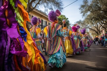 mardi gras parade marching down the street, with colorful floats and costumes, created with generative ai