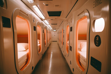 Obraz premium capsule hotel interior. AI Generated
