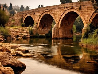 Roman bridge.arch bridge across the river. Monument of ancient Roman architecture. Generative AI