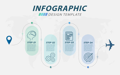 Infographic design template. Timeline concept with 4 options or steps template. layout, diagram, annual, airplanes, travel, report, presentation. Vector illustration.