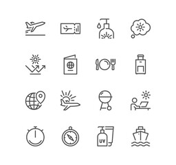 Set of travel and vacation related icons, summer, passport, destination, holiday, sea, sun, water, luggage, sunglasses, beach elements and linear variety vectors.