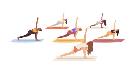 Yoga class. Group of people practicing yoga with the yoga instructor. Vector illustration isolated on the white background