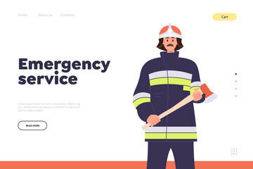 Obraz na płótnie Canvas Emergency service landing page template for online fire department with professional fireman design