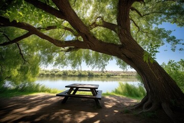 picnic table under shady tree, with view of a tranquil lake, created with generative ai