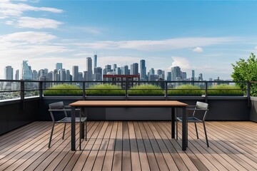 modern deck with sleek metal and wood furnishings, and view of city skyline, created with generative ai