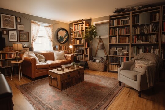 crammed but cozy living room, filled with books and learning tools for homeschooling family, created with generative ai