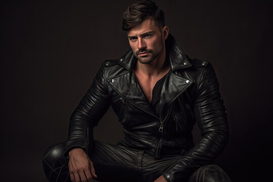 portrait of handsome leather man, ai generated