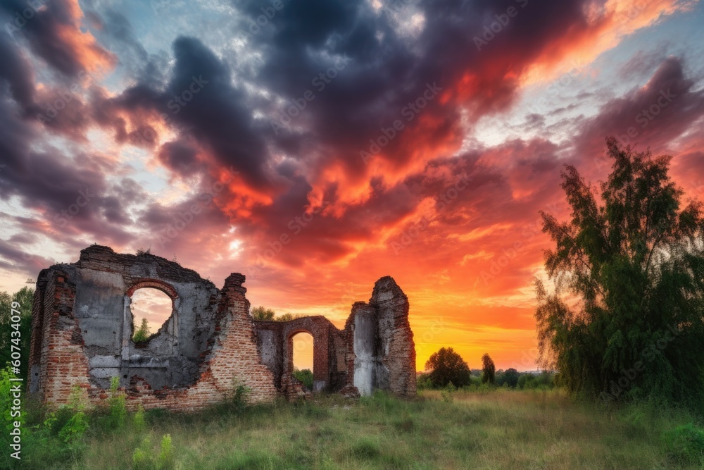 Wall mural dramatic sunset over the ruins, with colorful sky and clouds, created with generative ai