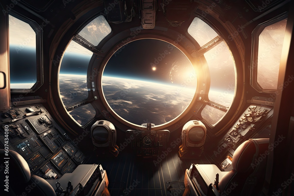 Poster spaceship dark interior with view on distant planets solar system. generative ai aig15.