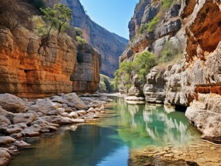 Fototapeta na wymiar blue river among the red rocks of the canyon