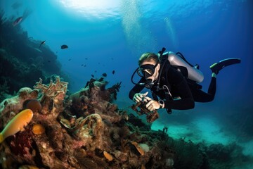 Naklejka na ściany i meble scuba diver with camera in hand, exploring underwater paradise, created with generative ai