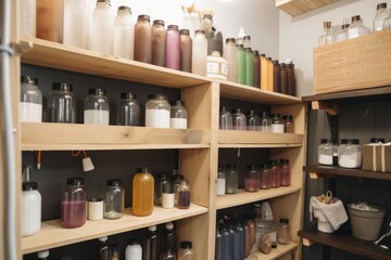 homemade cleaning supply closet, stocked with bottles, jars, and brushes, created with generative ai