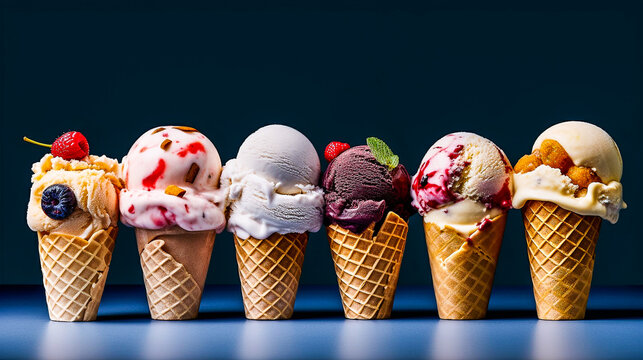 Cônes de crème glacée, vanille, fraise, chocolat - Générative IA