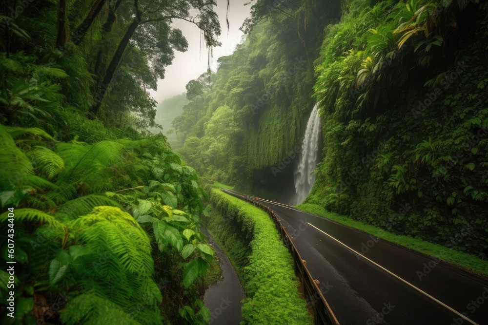 Canvas Prints scenic highway, with view of a rumbling waterfall and lush greenery, created with generative ai