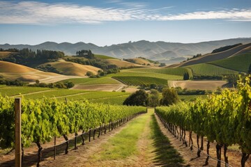 Naklejka premium vineyard with rolling hills and mountains in the background, created with generative ai