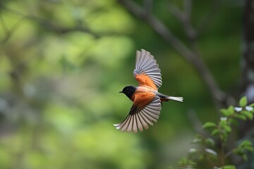 male redstart bird flying through forest canopy, with view of the trees below, created with generative ai
