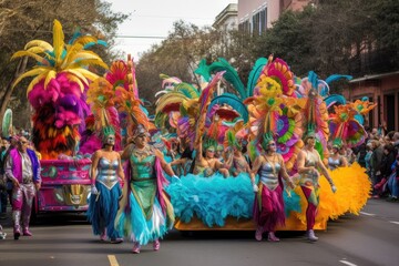 mardi gras parade, with people in colorful costumes and floats passing by, created with generative ai