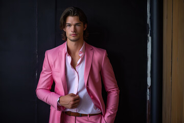 portrait of handsome man in pink suit, ai generated