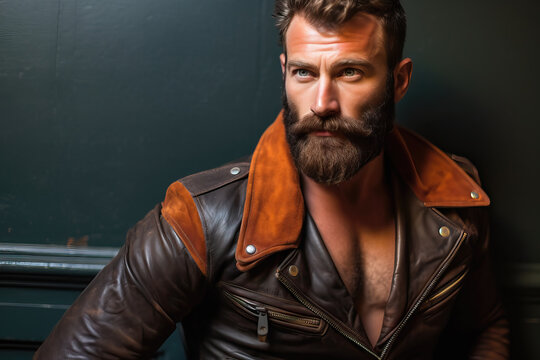 portrait of handsome leather man with beard, ai generated