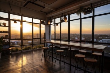 co-working space with a view of the sunrise, providing inspiration and energy to start the day, created with generative ai