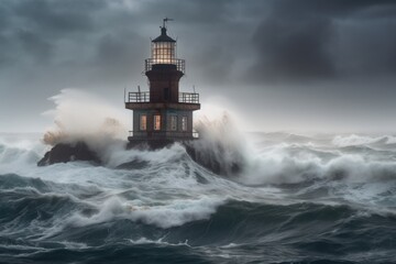 abandoned lighthouse, surrounded by stormy and turbulent sea, created with generative ai