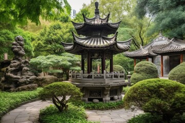 peaceful china pagoda garden, with stone lanterns and bonsai trees, created with generative ai