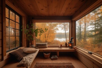 Fototapeta premium cozy cabin with view of the lake, surrounded by trees, created with generative ai