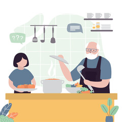 Grandparent and granddaughter cooking in kitchen. Happy people cooking food, kitchen interior. Caucasian aged man wearing apron and teaching to cook kid girl. Healthy food