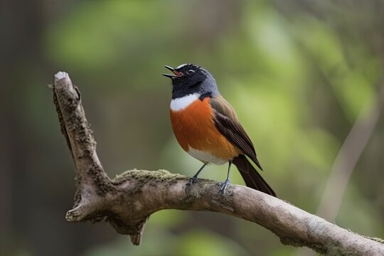 male redstart bird perched on branch, singing its beautiful song, created with generative ai