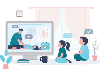 Children watching online course of first aid training. Life save and healthcare, concept. Education webinar for kids. Learning medical information and practicing from video on computer.