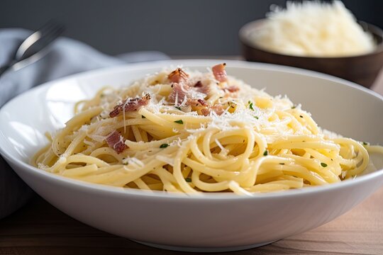 bowl of carbonara, with extra parmesan cheese spooned on top, created with generative ai