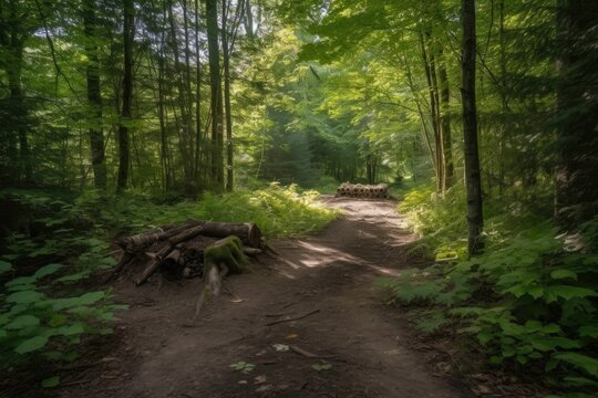 cleared path through the forest leads to secluded campsite, created with generative ai