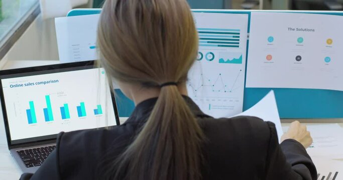 Business woman entrepreneur making data analysis on success plan strategy. Skilled female manage project study paper reports analyze stats infographic on computer screen and paperwork. Rear back view.