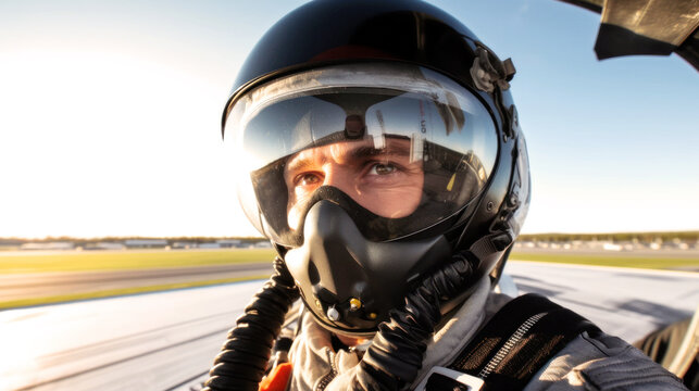 Bright day,  45-year-old jet fighter pilot prepares for takeoff on the runway in front of the hangars. With precision and skill, he soars through the clouds, feeling a sense of freedom. Generative AI	