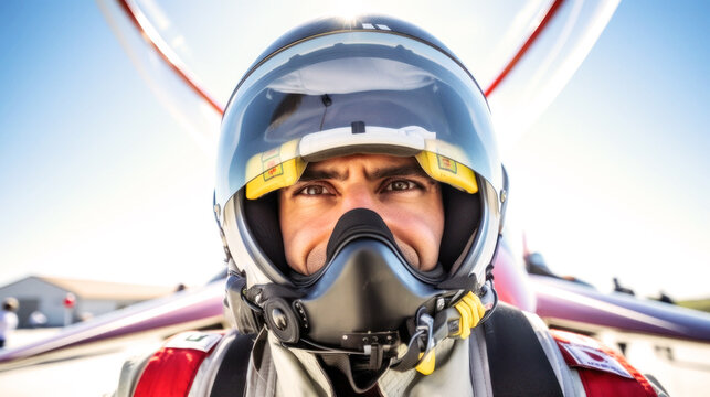 Bright day,  45-year-old jet fighter pilot prepares for takeoff on the runway in front of the hangars. With precision and skill, he soars through the clouds, feeling a sense of freedom. Generative AI	