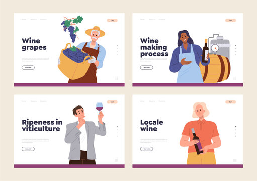 Set of landing page design template for winery company, wine alcohol drink producing and sale