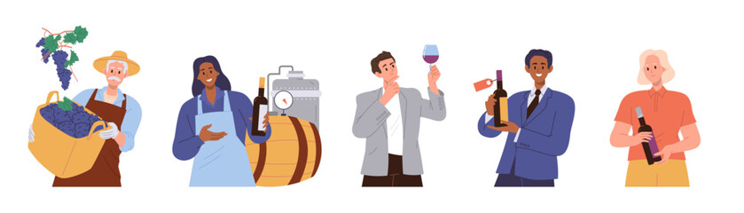 Isolated set of wine maker people cartoon characters harvesting, producing and selling drink