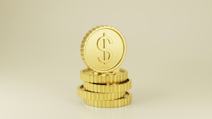 3d icon on solid color background, gold finance series, minimal style, 3d render illustration. Stack of five gold dollar coins